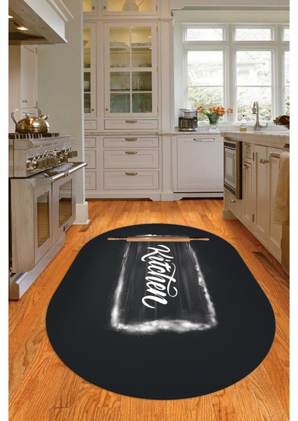 Dijital Baskılı Kaymaz Yıkanabilir Kitchen Yazılı Oval Mutfak Halısı, N-O-Mutfak-28-Antrasit, fiyatları