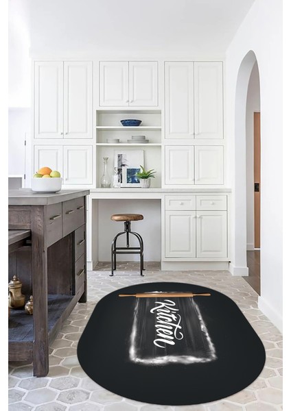 Dijital Baskılı Kaymaz Yıkanabilir Kitchen Yazılı Oval Mutfak Halısı, N-O-Mutfak-28-Antrasit, indirimleri