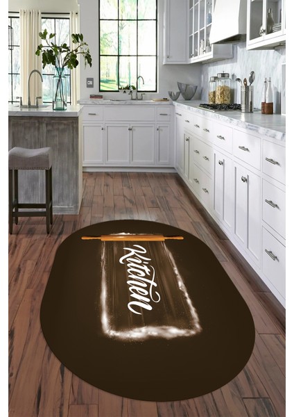 Dijital Baskılı Kaymaz Yıkanabilir Kitchen Yazılı Oval Mutfak Halısı, N-O-Mutfak-28-Kahve,