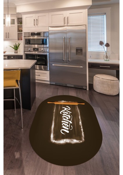 Dijital Baskılı Kaymaz Yıkanabilir Kitchen Yazılı Oval Mutfak Halısı, N-O-Mutfak-28-Kahve, fırsatları