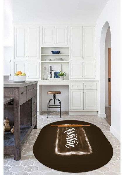 Dijital Baskılı Kaymaz Yıkanabilir Kitchen Yazılı Oval Mutfak Halısı, N-O-Mutfak-28-Kahve, indirimleri