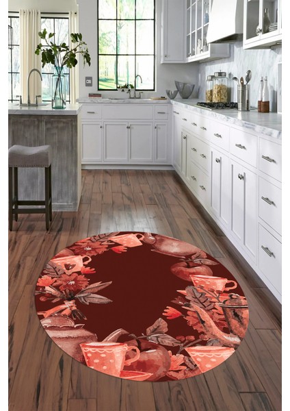 3D Dijital Baskılı Kaymaz Yıkanabilir Renkli Modern Yuvarlak Mutfak Halısı, N-Y-Mutfak-25-Bordo,