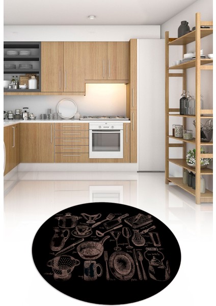 3D Dijital Baskılı Kaymaz Yıkanabilir Renkli Modern Yuvarlak Mutfak Halısı, N-Y-Mutfak-35-Siyah,