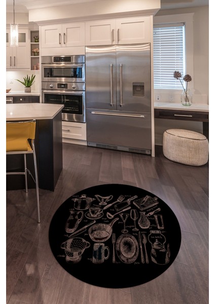3D Dijital Baskılı Kaymaz Yıkanabilir Renkli Modern Yuvarlak Mutfak Halısı, N-Y-Mutfak-35-Siyah,