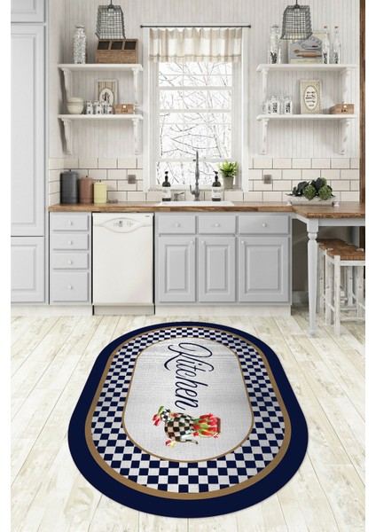 Dijital Baskılı Kaymaz Yıkanabilir Kitchen Yazılı Oval Mutfak Halısı, N-O-Mutfak-48-Lacivert,