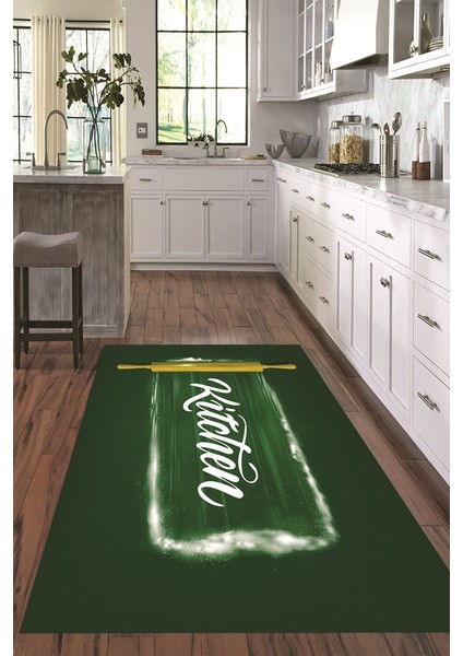 Dijital Baskılı Kaymaz Taban Yıkanabilir Kitchen Yazılı Mutfak Halısı, N-Mutfak-28-Yeşil,