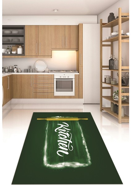 Dijital Baskılı Kaymaz Taban Yıkanabilir Kitchen Yazılı Mutfak Halısı, N-Mutfak-28-Yeşil, modelleri