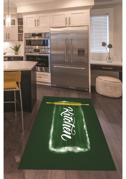 Dijital Baskılı Kaymaz Taban Yıkanabilir Kitchen Yazılı Mutfak Halısı, N-Mutfak-28-Yeşil, fırsatları