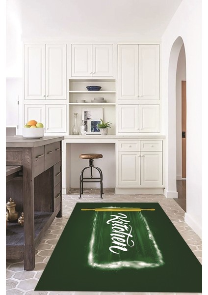 Dijital Baskılı Kaymaz Taban Yıkanabilir Kitchen Yazılı Mutfak Halısı, N-Mutfak-28-Yeşil, indirimleri