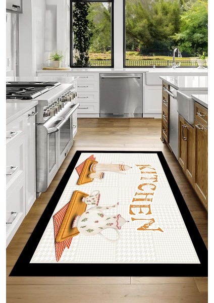 Dijital Baskılı Kaymaz Taban Yıkanabilir Kitchen Yazılı Mutfak Halısı, N-Mutfak-18-Krem,