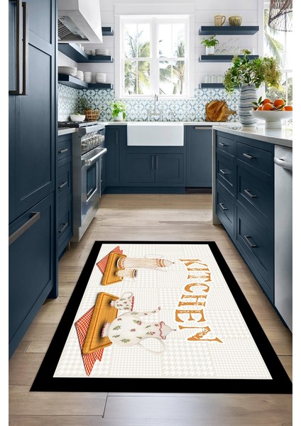 Dijital Baskılı Kaymaz Taban Yıkanabilir Kitchen Yazılı Mutfak Halısı, N-Mutfak-18-Krem,