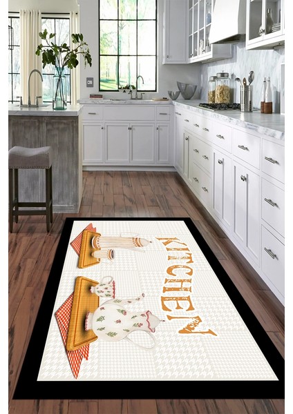 Dijital Baskılı Kaymaz Taban Yıkanabilir Kitchen Yazılı Mutfak Halısı, N-Mutfak-18-Krem,