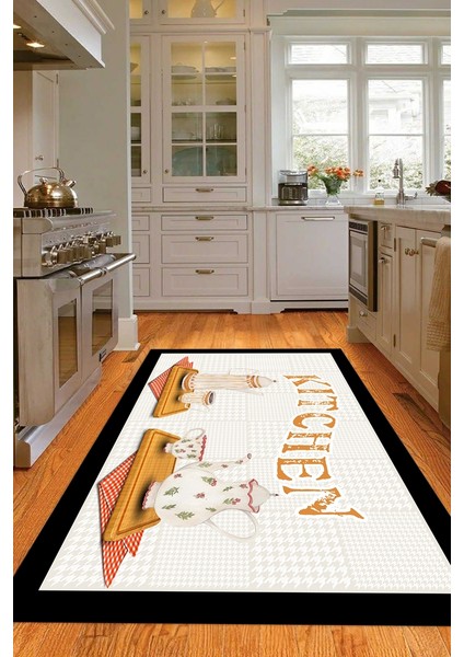 Dijital Baskılı Kaymaz Taban Yıkanabilir Kitchen Yazılı Mutfak Halısı, N-Mutfak-18-Krem,