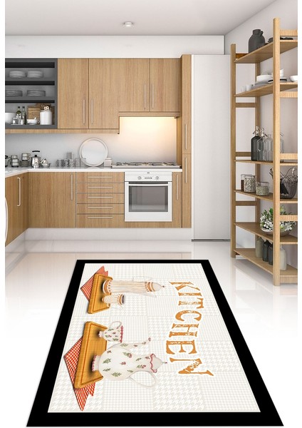 Dijital Baskılı Kaymaz Taban Yıkanabilir Kitchen Yazılı Mutfak Halısı, N-Mutfak-18-Krem,
