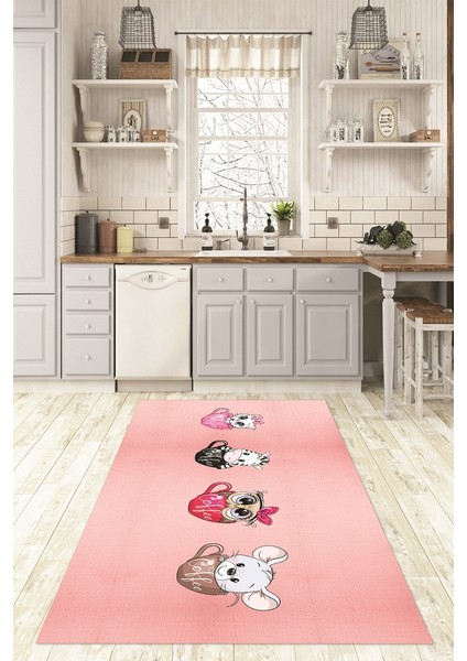 Dijital Baskılı Kaymaz Taban Yıkanabilir Renkli Modern Mutfak Halısı, N-Mutfak-07-Pembe,