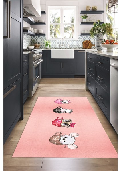 Dijital Baskılı Kaymaz Taban Yıkanabilir Renkli Modern Mutfak Halısı, N-Mutfak-07-Pembe, modelleri