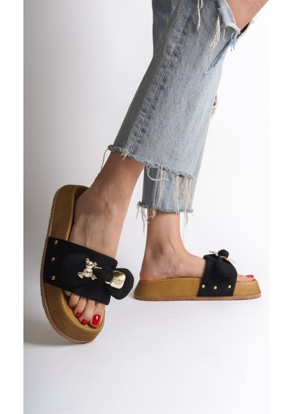 Dıla Kalın ve Ortopedik Taban Ayıcıklı Saten Kadın Terlik Kt Siyah fiyatları