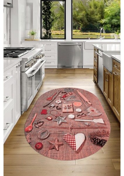 3D Dijital Baskılı Kaymaz Yıkanabilir Renkli Modern Oval Mutfak Halısı, N-O-Mutfak-16-Pembe,