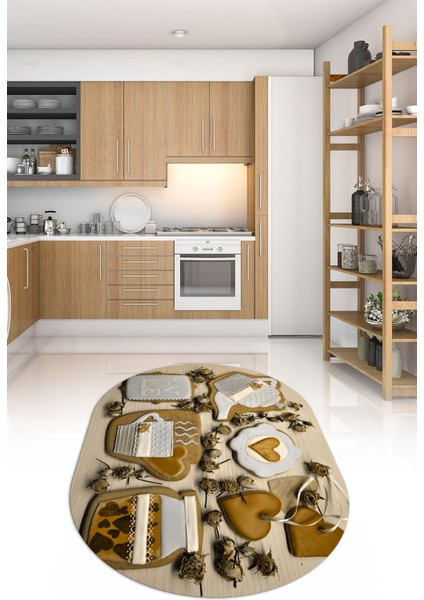 3D Dijital Baskılı Kaymaz Yıkanabilir Renkli Modern Oval Mutfak Halısı, N-O-Mutfak-34-Kahve,