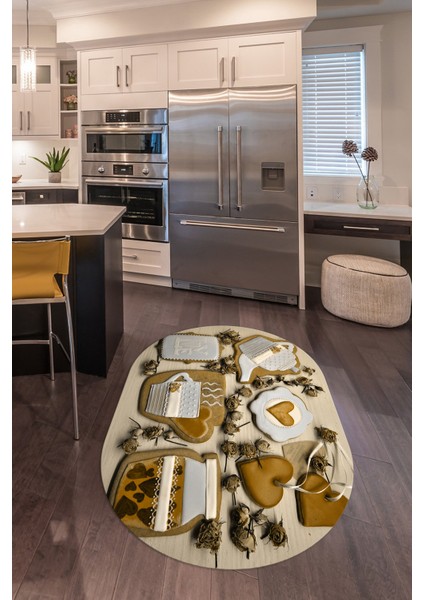 3D Dijital Baskılı Kaymaz Yıkanabilir Renkli Modern Oval Mutfak Halısı, N-O-Mutfak-34-Kahve,