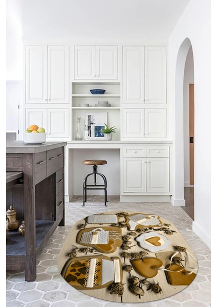 3D Dijital Baskılı Kaymaz Yıkanabilir Renkli Modern Oval Mutfak Halısı, N-O-Mutfak-34-Kahve,