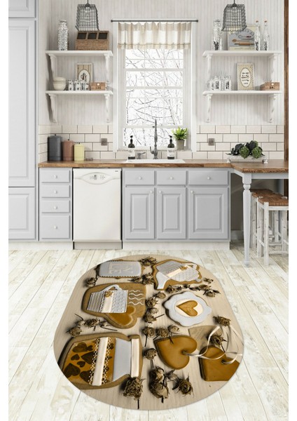 3D Dijital Baskılı Kaymaz Yıkanabilir Renkli Modern Oval Mutfak Halısı, N-O-Mutfak-34-Kahve,