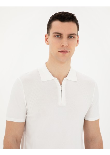 Pierre Cardin Erkek Beyaz Slim Fit Fermuarlı Polo Yaka Triko Tişört 50286085-VR013