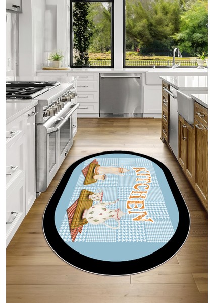 Dijital Baskılı Kaymaz Yıkanabilir Kitchen Yazılı Oval Mutfak Halısı, N-O-Mutfak-18-Mavi,