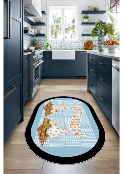 Dijital Baskılı Kaymaz Yıkanabilir Kitchen Yazılı Oval Mutfak Halısı, N-O-Mutfak-18-Mavi,