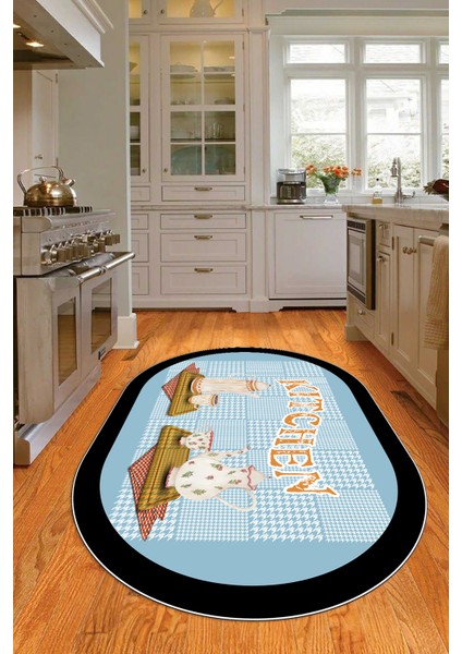 Dijital Baskılı Kaymaz Yıkanabilir Kitchen Yazılı Oval Mutfak Halısı, N-O-Mutfak-18-Mavi,