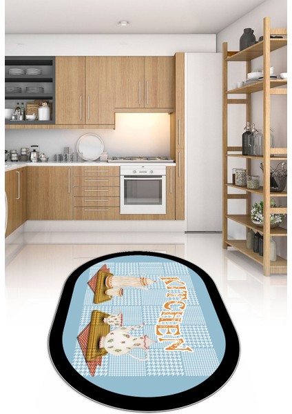 Dijital Baskılı Kaymaz Yıkanabilir Kitchen Yazılı Oval Mutfak Halısı, N-O-Mutfak-18-Mavi,