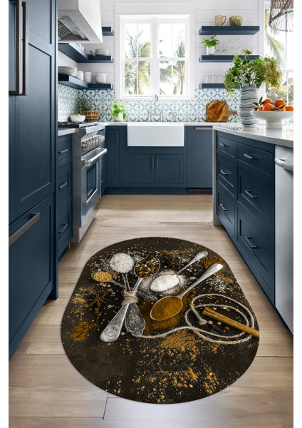 3D Dijital Baskılı Kaymaz Yıkanabilir Renkli Modern Oval Mutfak Halısı, N-O-Mutfak-19-Kahve,