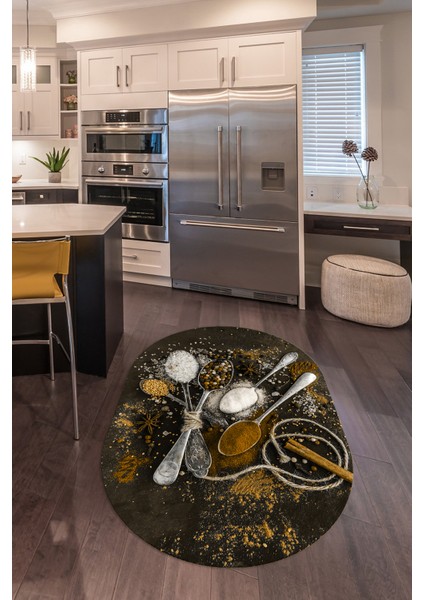 3D Dijital Baskılı Kaymaz Yıkanabilir Renkli Modern Oval Mutfak Halısı, N-O-Mutfak-19-Kahve, indirimleri