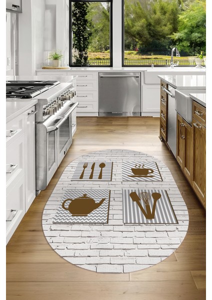 Dijital Baskılı Kaymaz Yıkanabilir Renkli Modern Oval Mutfak Halısı, N-O-Mutfak-14-Kahve,