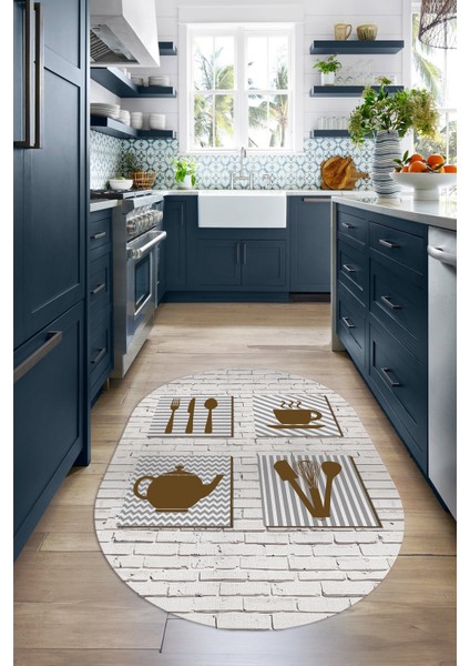 Dijital Baskılı Kaymaz Yıkanabilir Renkli Modern Oval Mutfak Halısı, N-O-Mutfak-14-Kahve,