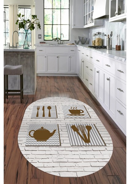 Dijital Baskılı Kaymaz Yıkanabilir Renkli Modern Oval Mutfak Halısı, N-O-Mutfak-14-Kahve,