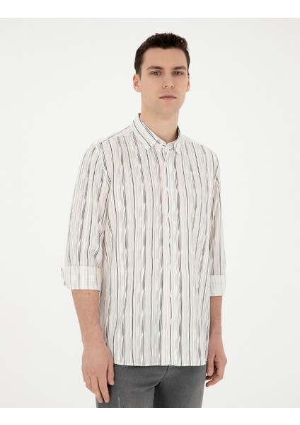 Erkek Siyah Keten Karışımlı Slim Fit Uzun Kollu Gömlek 50283508-VR046