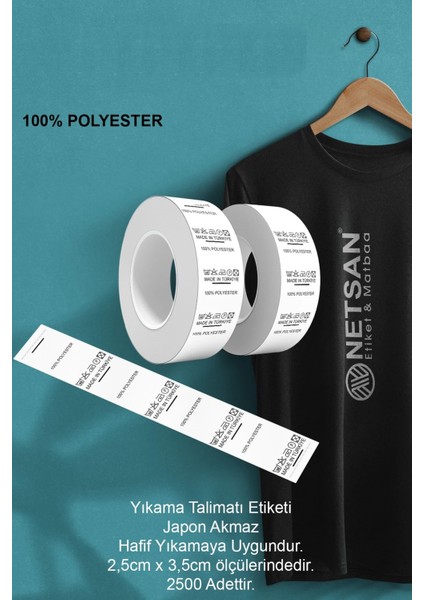 Netsan Etiket Yıkama Talimatı Etiketi - 100% Polyester 2,5cm x 3,5cm 2.500'LÜK Sarım