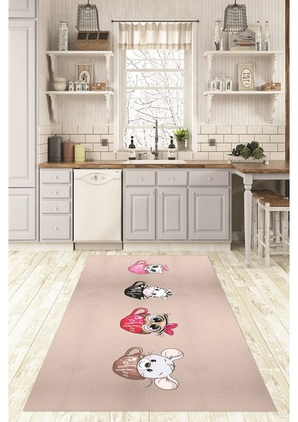 Dijital Baskılı Kaymaz Taban Yıkanabilir Renkli Modern Mutfak Halısı, N-Mutfak-07-Krem,