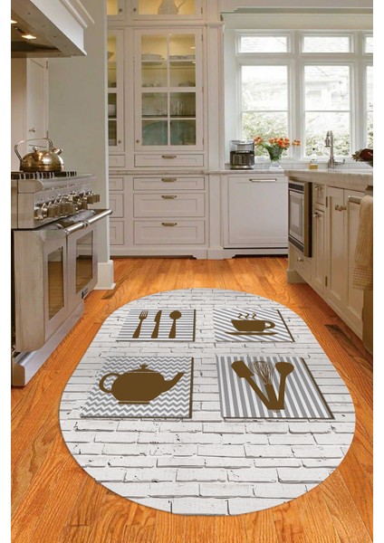 Dijital Baskılı Kaymaz Yıkanabilir Renkli Modern Oval Mutfak Halısı, N-O-Mutfak-14-Kahve,