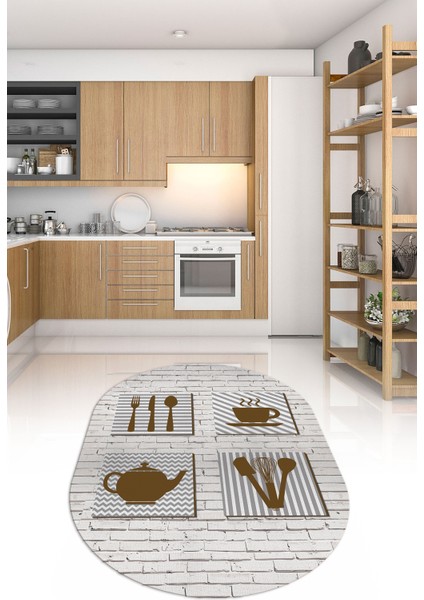 Dijital Baskılı Kaymaz Yıkanabilir Renkli Modern Oval Mutfak Halısı, N-O-Mutfak-14-Kahve,