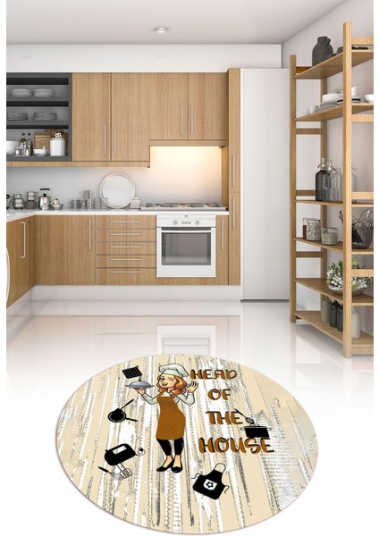Dijital Baskılı Kaymaz Yıkanabilir Renkli Modern Yuvarlak Mutfak Halısı, N-Y-Mutfak-39-Kahve,