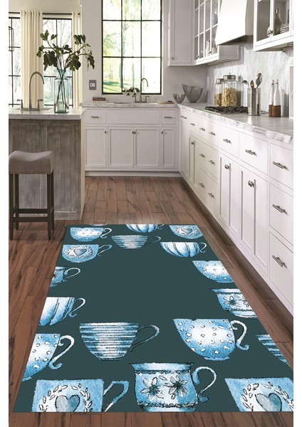 Dijital Baskılı Kaymaz Taban Yıkanabilir Renkli Modern Mutfak Halısı, N-Mutfak-26-Mavi,