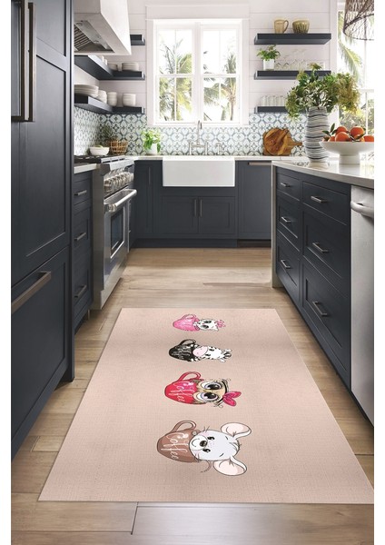 Dijital Baskılı Kaymaz Taban Yıkanabilir Renkli Modern Mutfak Halısı, N-Mutfak-07-Krem, modelleri