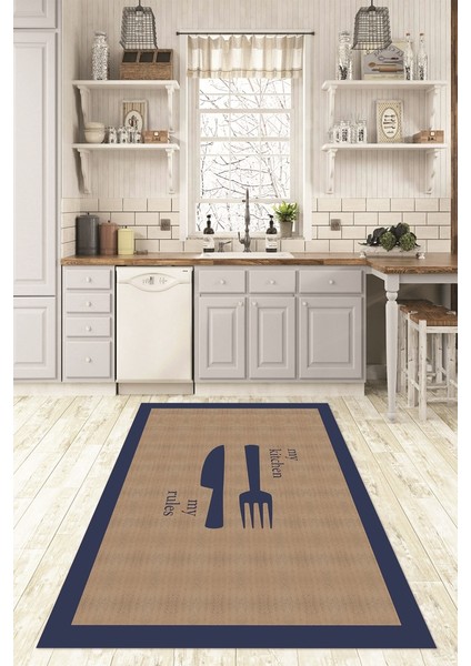Dijital Baskılı Kaymaz Taban Yıkanabilir Kitchen Yazılı Mutfak Halısı, N-Mutfak-09-Mavi,