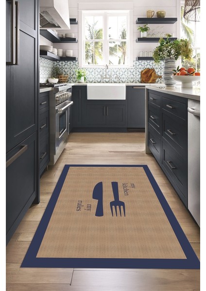 Dijital Baskılı Kaymaz Taban Yıkanabilir Kitchen Yazılı Mutfak Halısı, N-Mutfak-09-Mavi, modelleri
