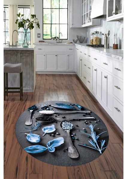 3D Dijital Baskılı Kaymaz Yıkanabilir Renkli Modern Yuvarlak Mutfak Halısı, N-Y-Mutfak-27-Mavi,