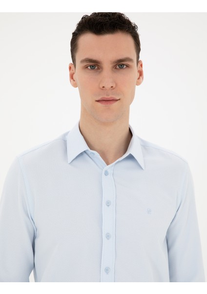 Erkek Açık Mavi Slim Fit Armürlü Uzun Kollu Gömlek 50289391-VR003