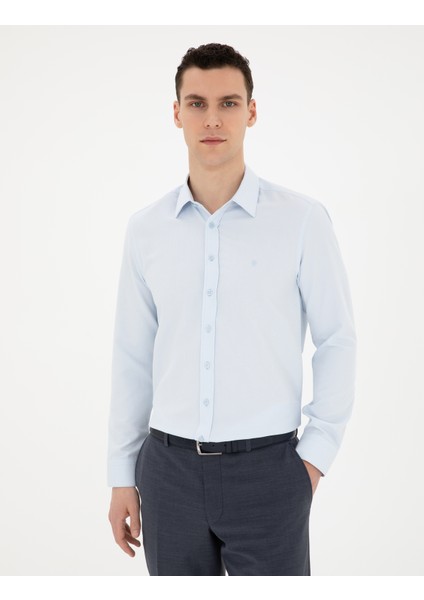 Erkek Açık Mavi Slim Fit Armürlü Uzun Kollu Gömlek 50289391-VR003