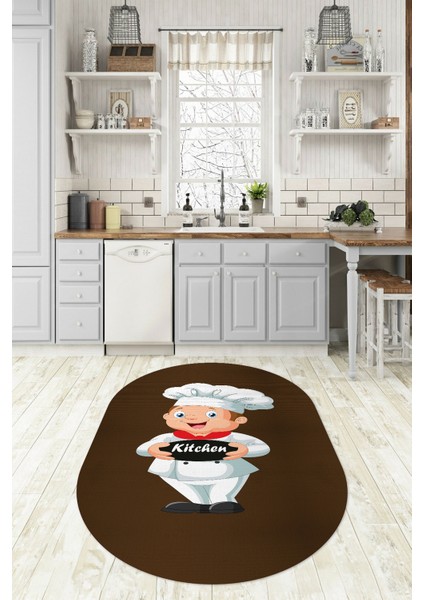 Dijital Baskılı Kaymaz Yıkanabilir Renkli Modern Oval Mutfak Halısı, N-O-Mutfak-05-Kahve,